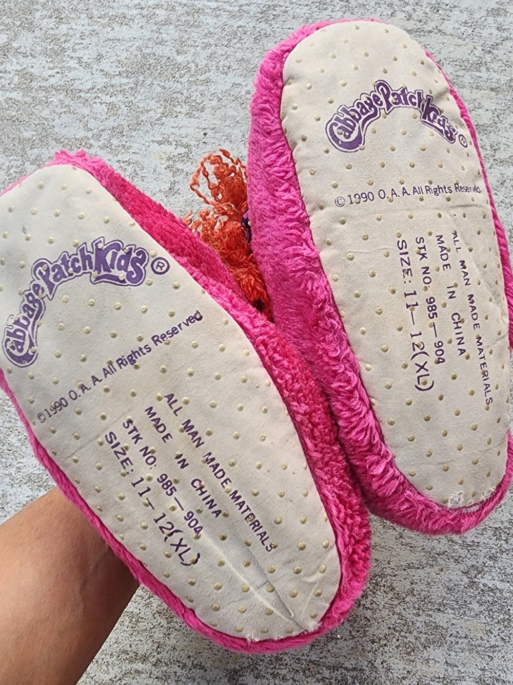 VTG 90s Cabbage Patch Kids Pink Slippers 3D Doll Face Red Curly Crimped Red Hair